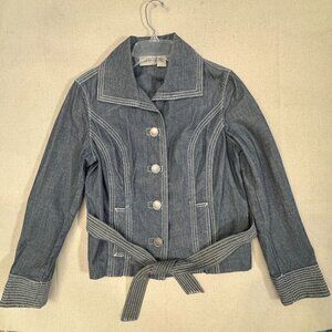 Chicos Blue Jean Chambray Denim Jacket Belted Waist & Button Closure 0
